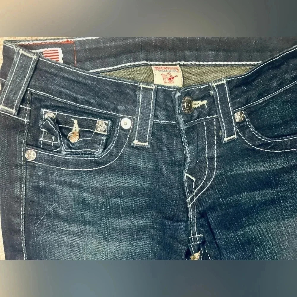 True Religion Womens Billy Big T Jeans Sz 25 Dark Blue Wash white stitch flap - Picture 4 of 7